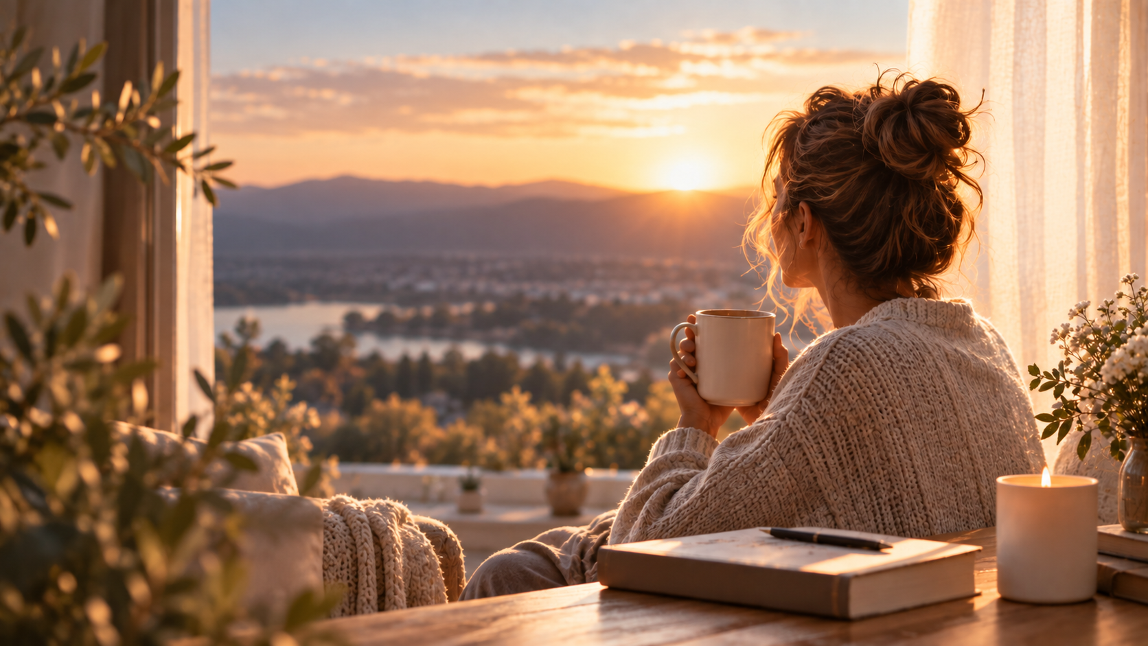 A woman at the window with a warm drink as the sun comes up