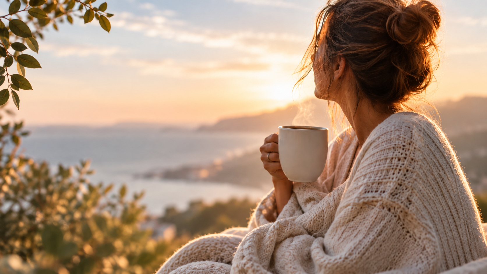 A woman sitting quietly with a warm drink, looking out over the sea at golden hour