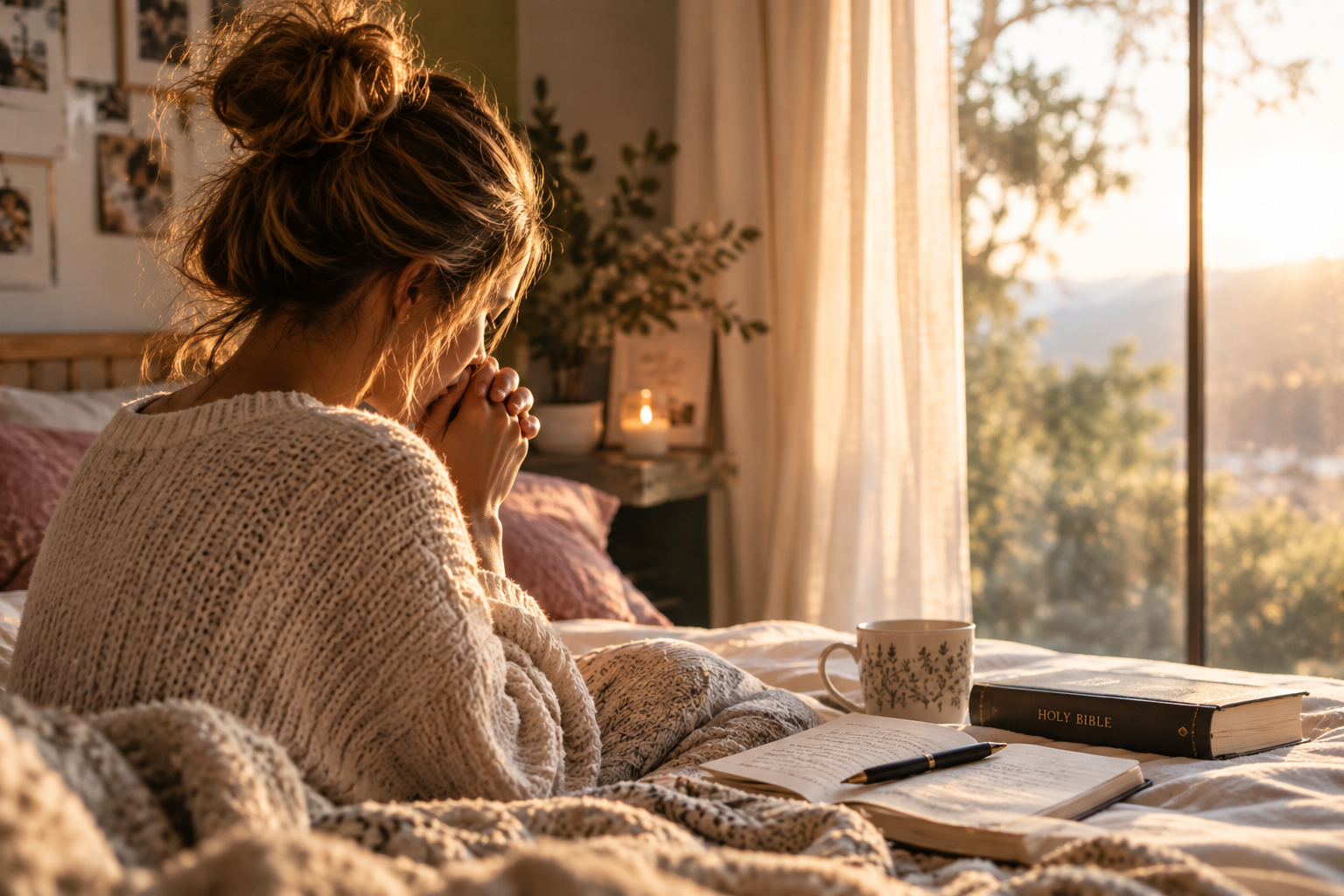 A woman praying quietly on her bed in the morning light, journal and Bible beside her