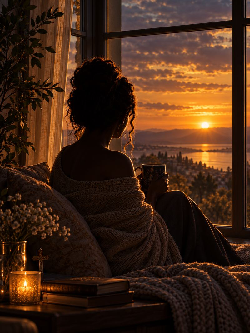 A woman wrapped in a blanket at the window as the sun goes down