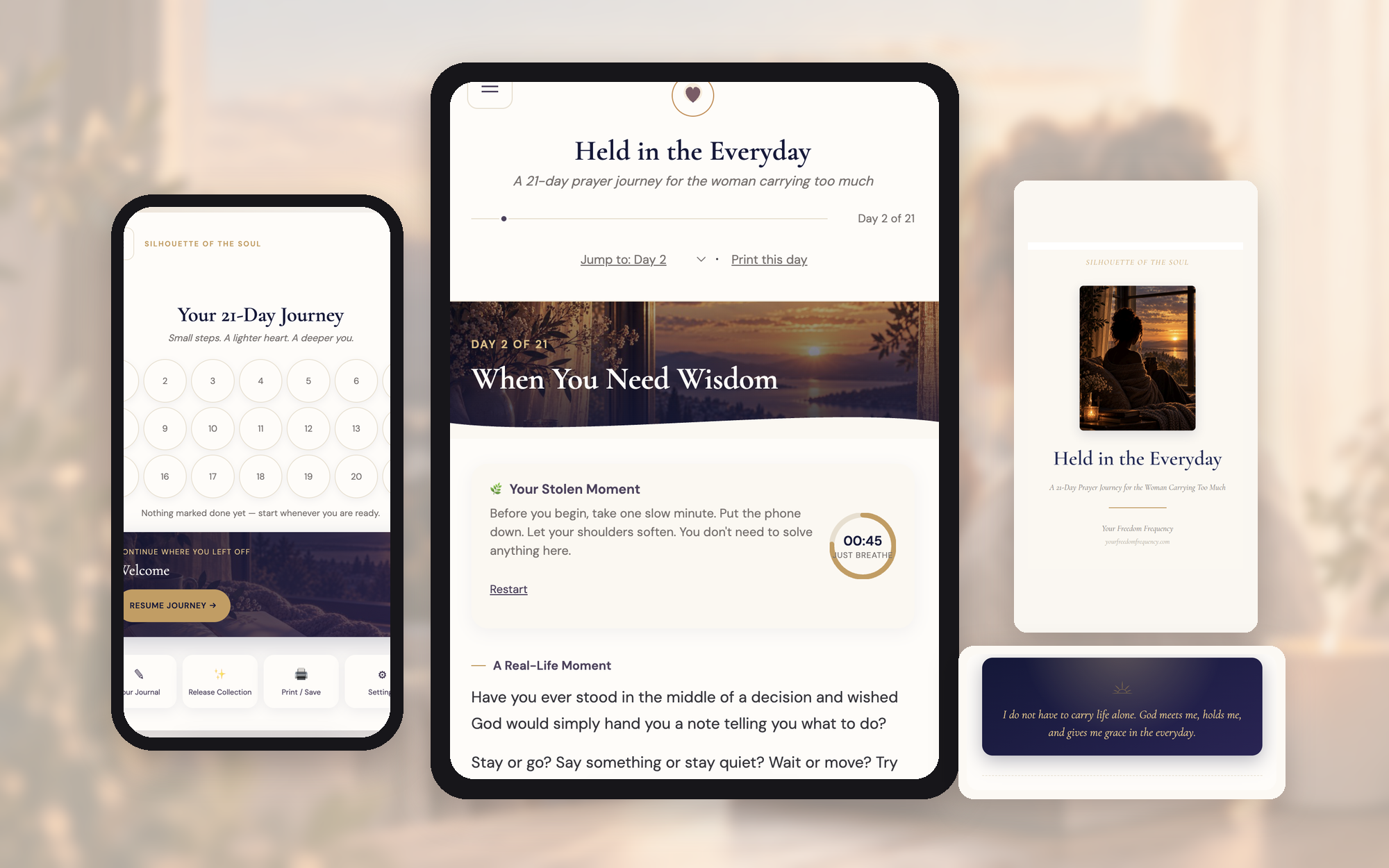 Held in the Everyday shown on a phone and a tablet, alongside the journal cover and a truth card